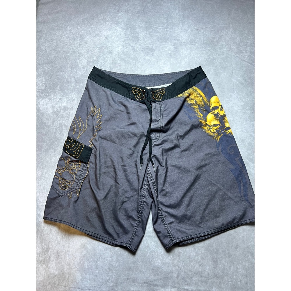 Crazy Shirt Board Shorts Mens 34 Gray Yellow Skull Wing Graphic Surf Trunks